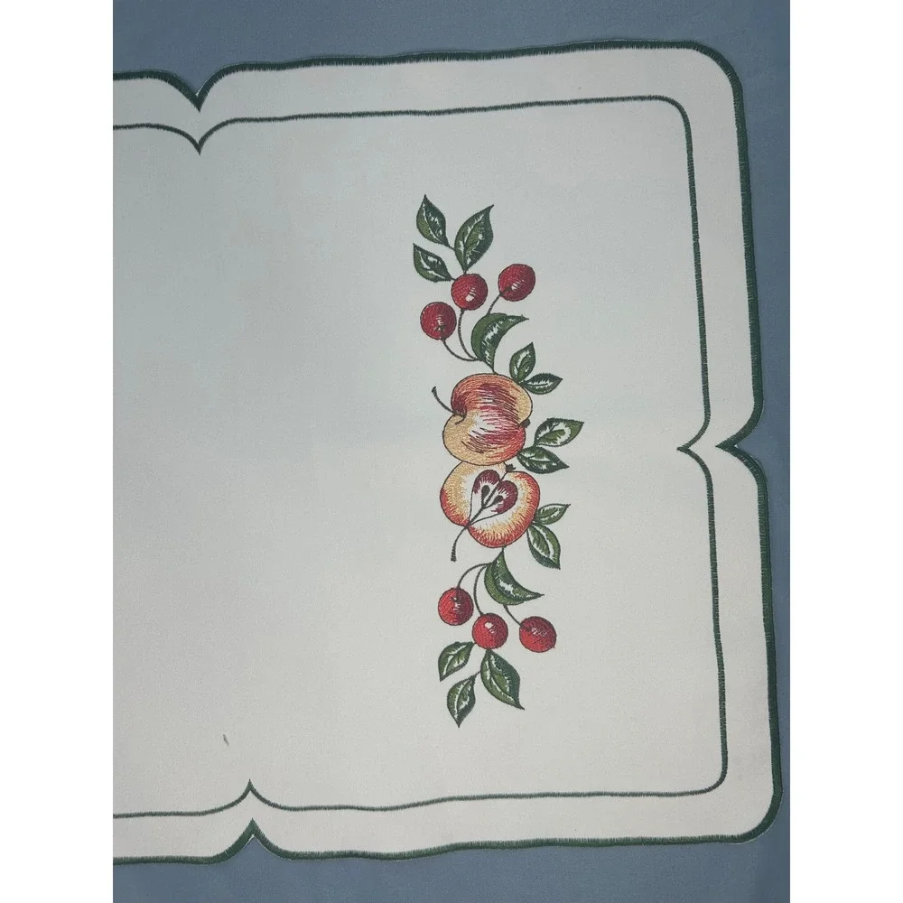 Table Runner Cream Embroidered Fruit Apple Cherry‎ Scalloped Country Farmhouse
